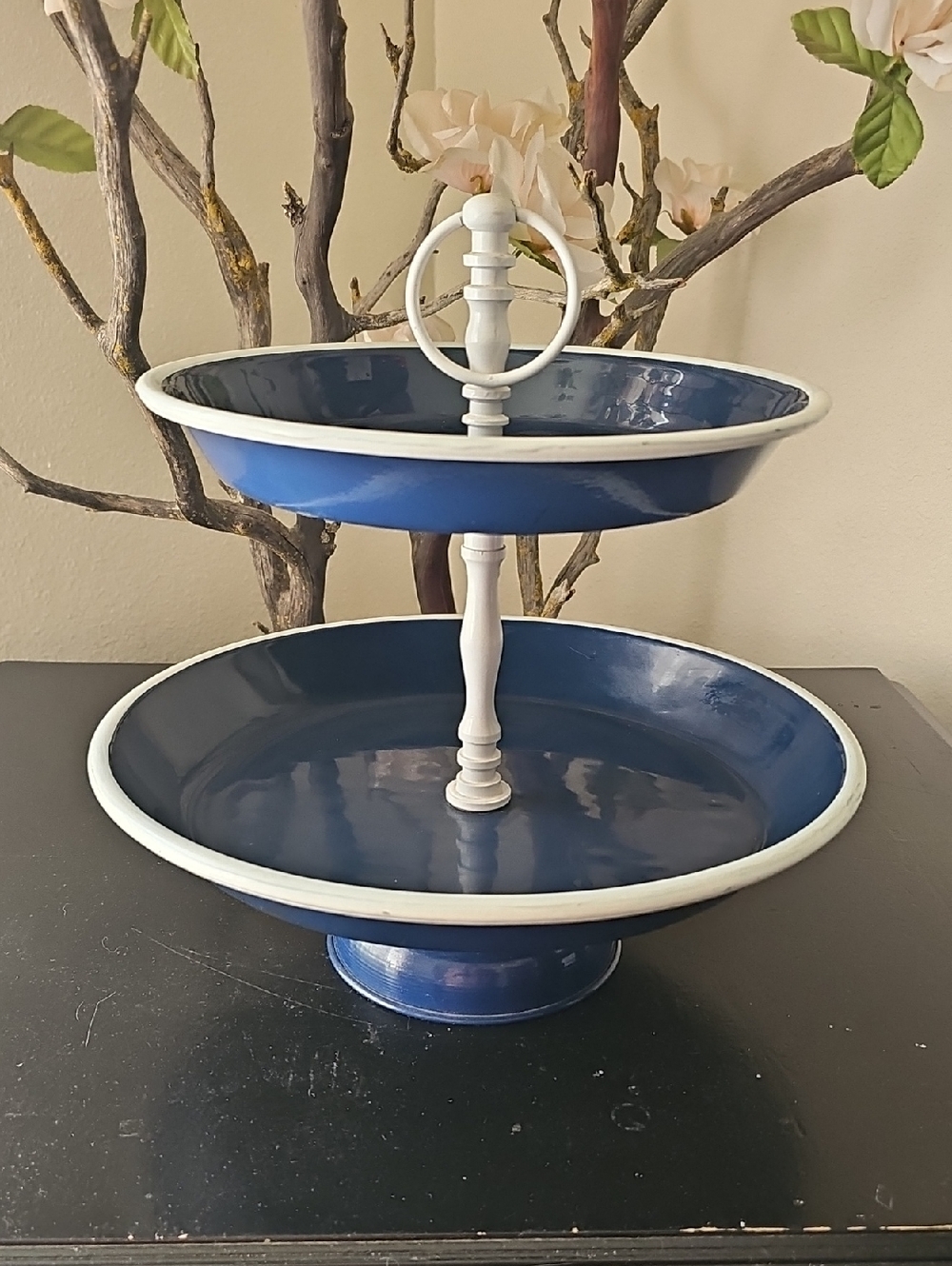 Two-Tier Blue & White Enamel Metal Stand